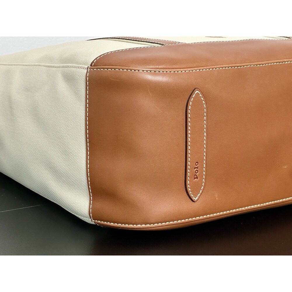 NWT Polo Ralph Lauren Women's Leather-Trim Canvas Medium Shopper Tote Ecru/Cuoio - Picture 6 of 6